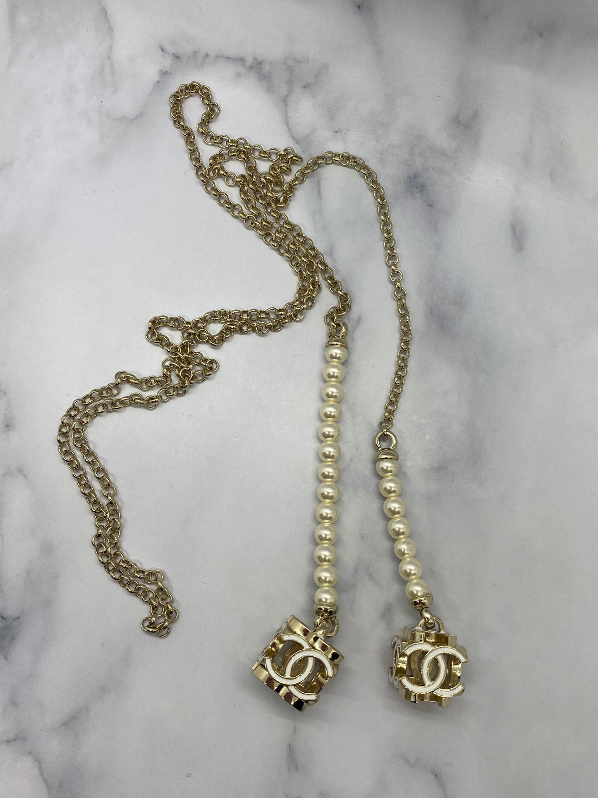 CHANEL CC Pearl Trim Pendant Wrap Necklace - USED