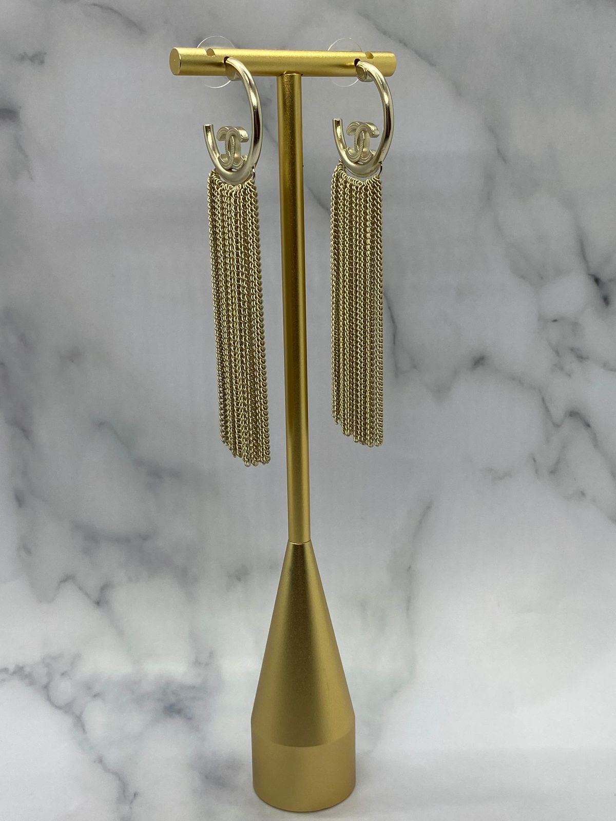 CHANEL CC  Monogram Chain Fringe Hoop Earrings - Pre owned