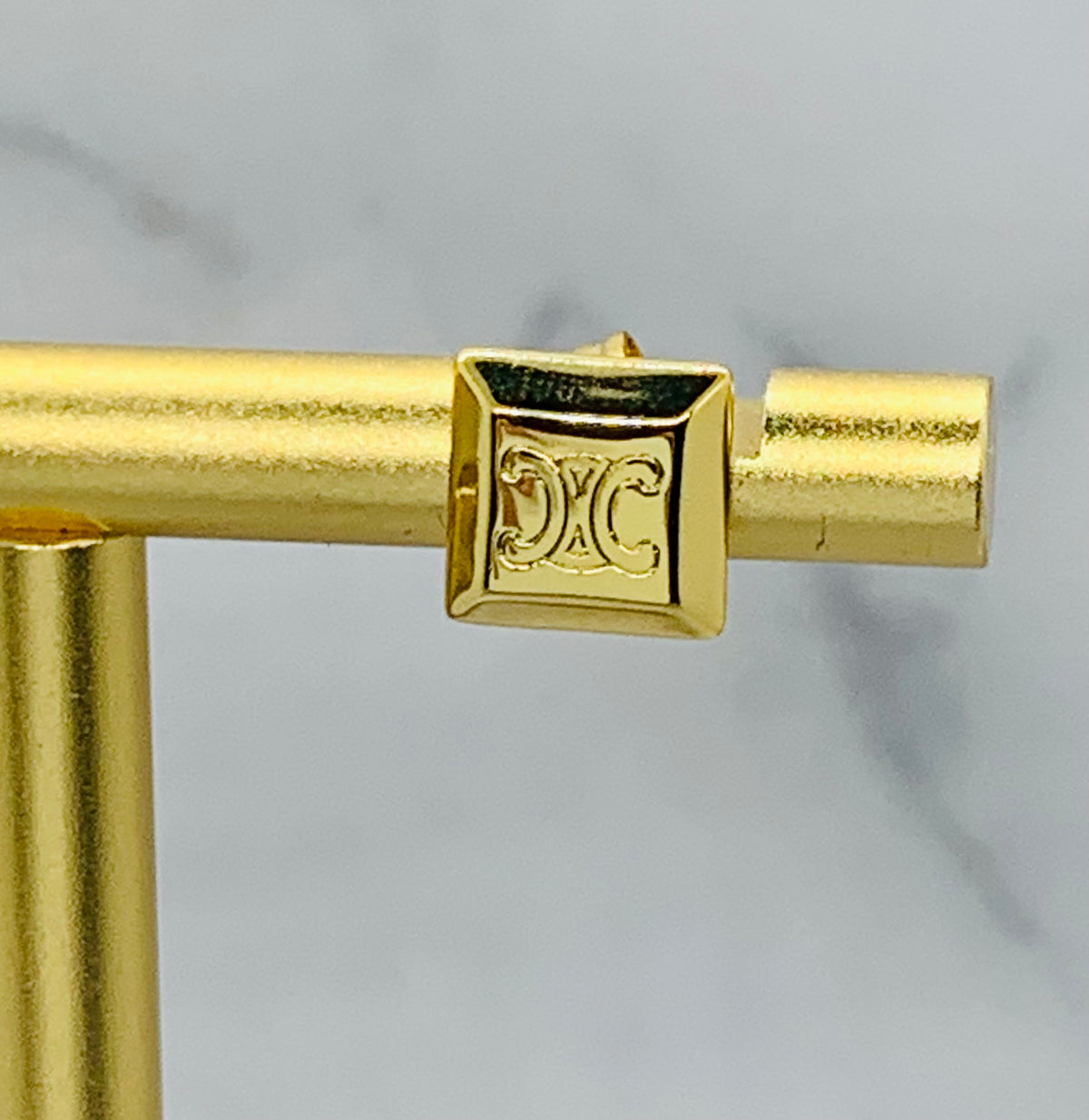 CELINE Monogram Gold Tone Square Earrings - Pre owned