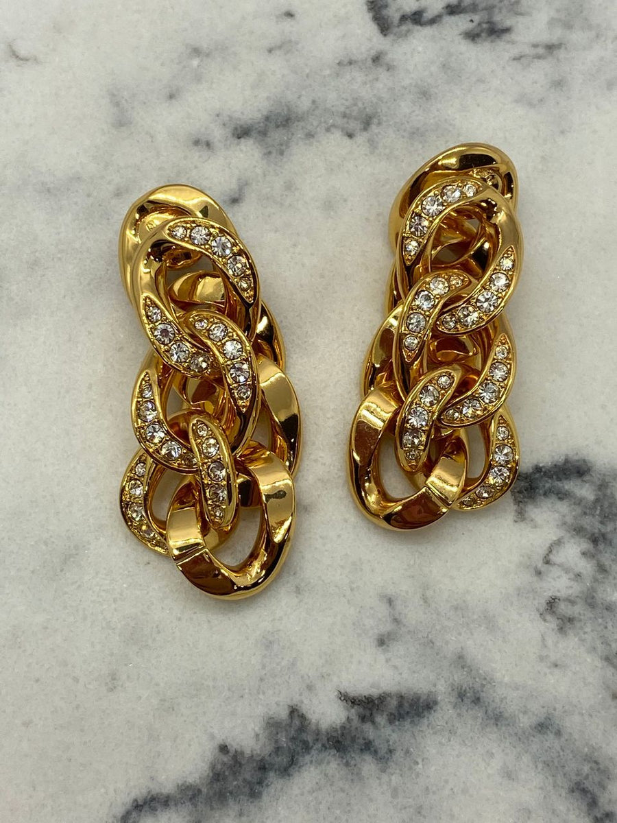 BOTTEGA VENETA Gold Tone Rhinestone Chain Earrings - Pre owned