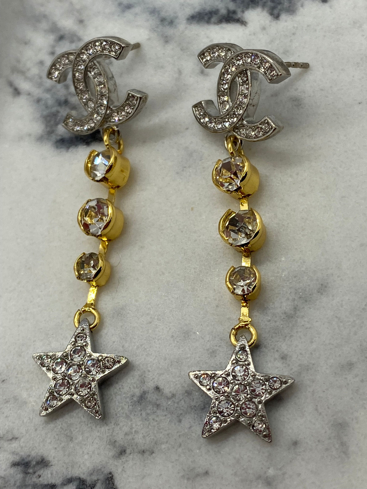CHANEL CC Gold & Silver Star Pendant Earrings - Pre owned