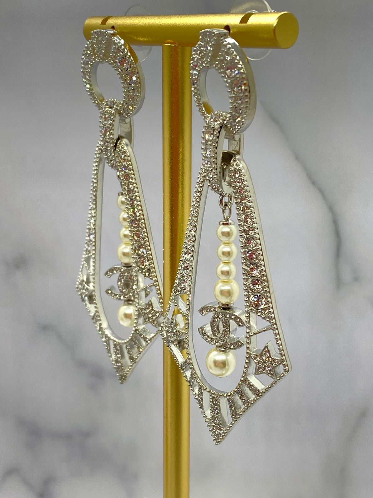 CHANEL CC Silver Tone Rhinestone Art Deco Earrings - Pre owned