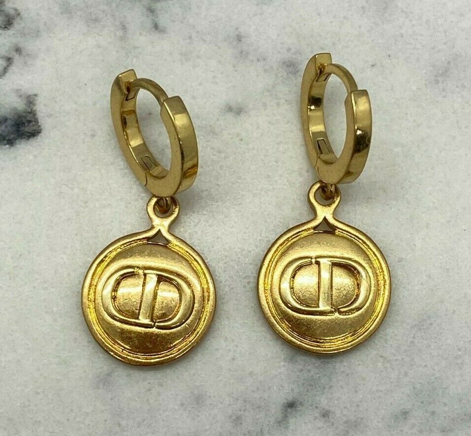 CHRISTIAN DIOR CD Gold Tone Coin Earrings - Pre owned