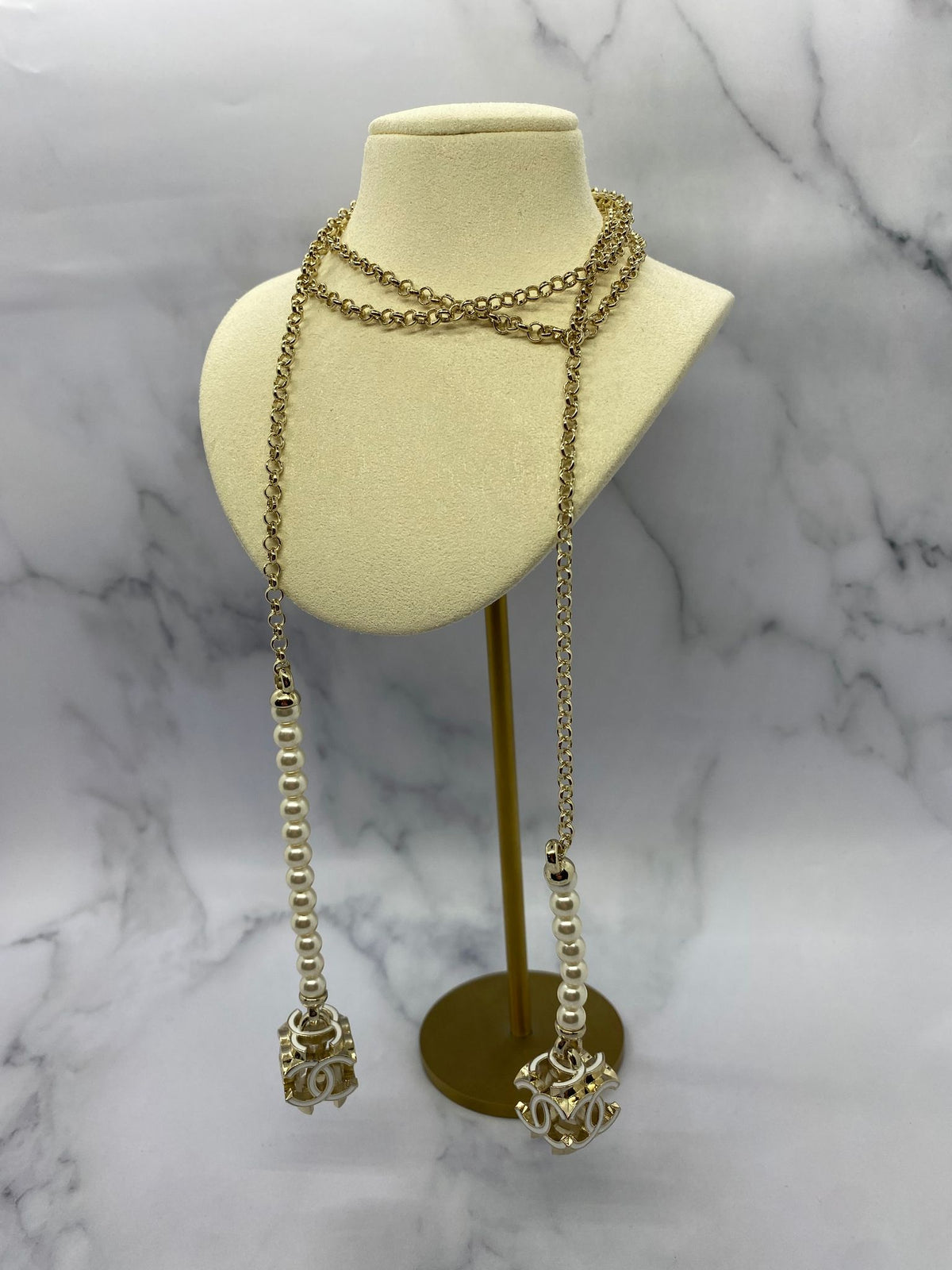CHANEL CC Pearl Trim Pendant Wrap Necklace - USED