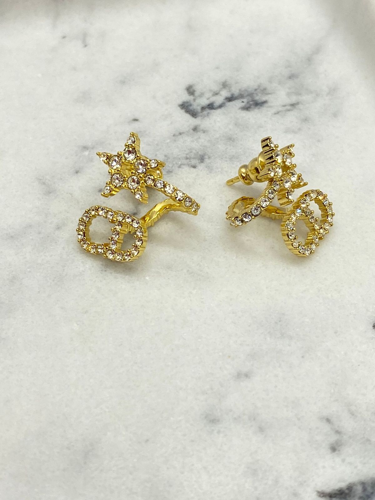 CHRISTIAN DIOR CD Gold Tone Rhinestone Star Earrings - Pre Owned