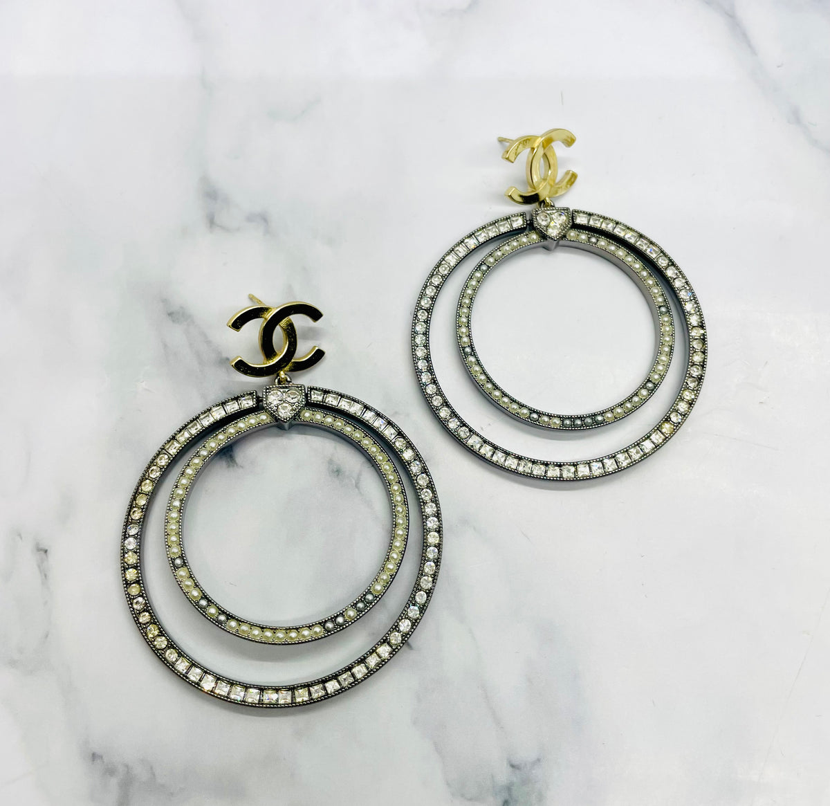 CHANEL CC Double Hoop Rhinestone Earrings - Pre owned