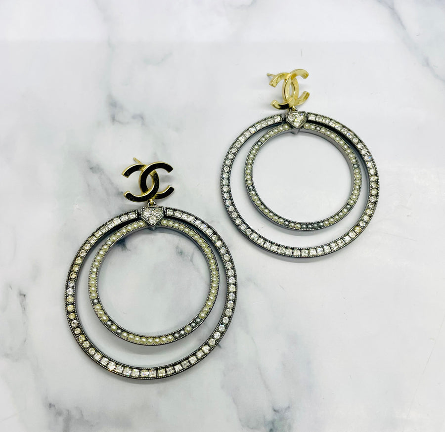 CHANEL CC Double Hoop Rhinestone Earrings - Pre owned
