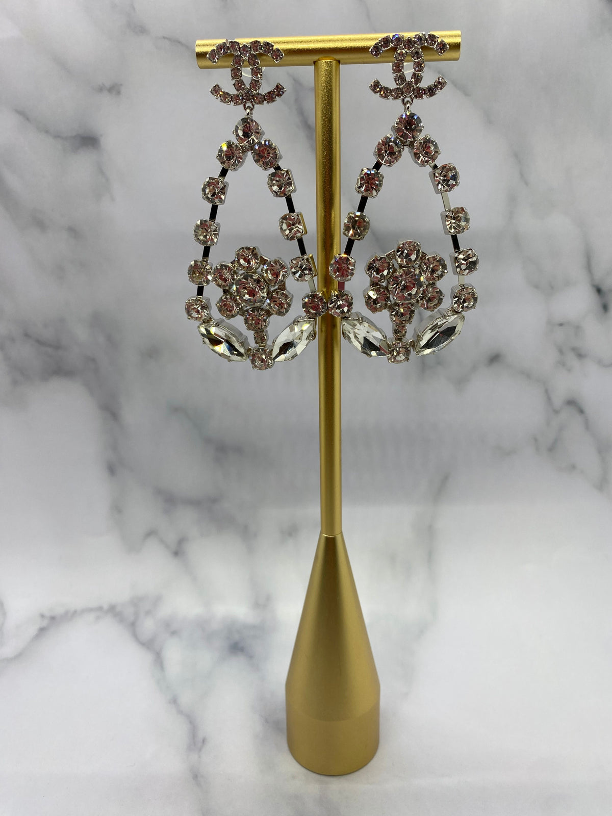 CHANEL CC Silver Tone Rhinestone Chandelier Earrings - Pre owned