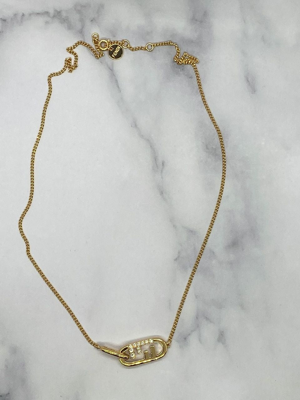 FENDI F Gold Tone Rhinestone Charm Necklace - Pre owned
