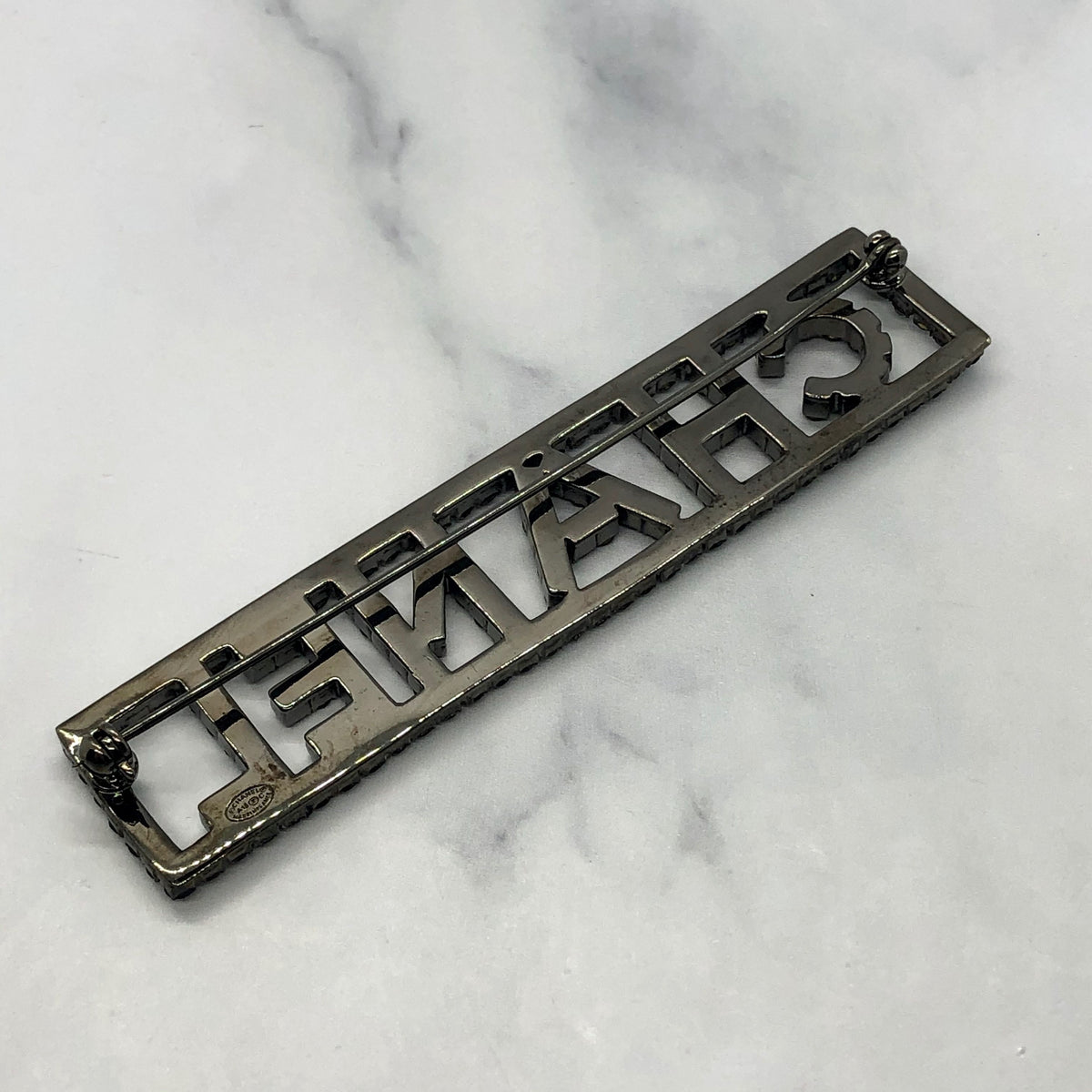 CHANEL Black Rhinestone Name Plate Brooch Pin - Pre owned