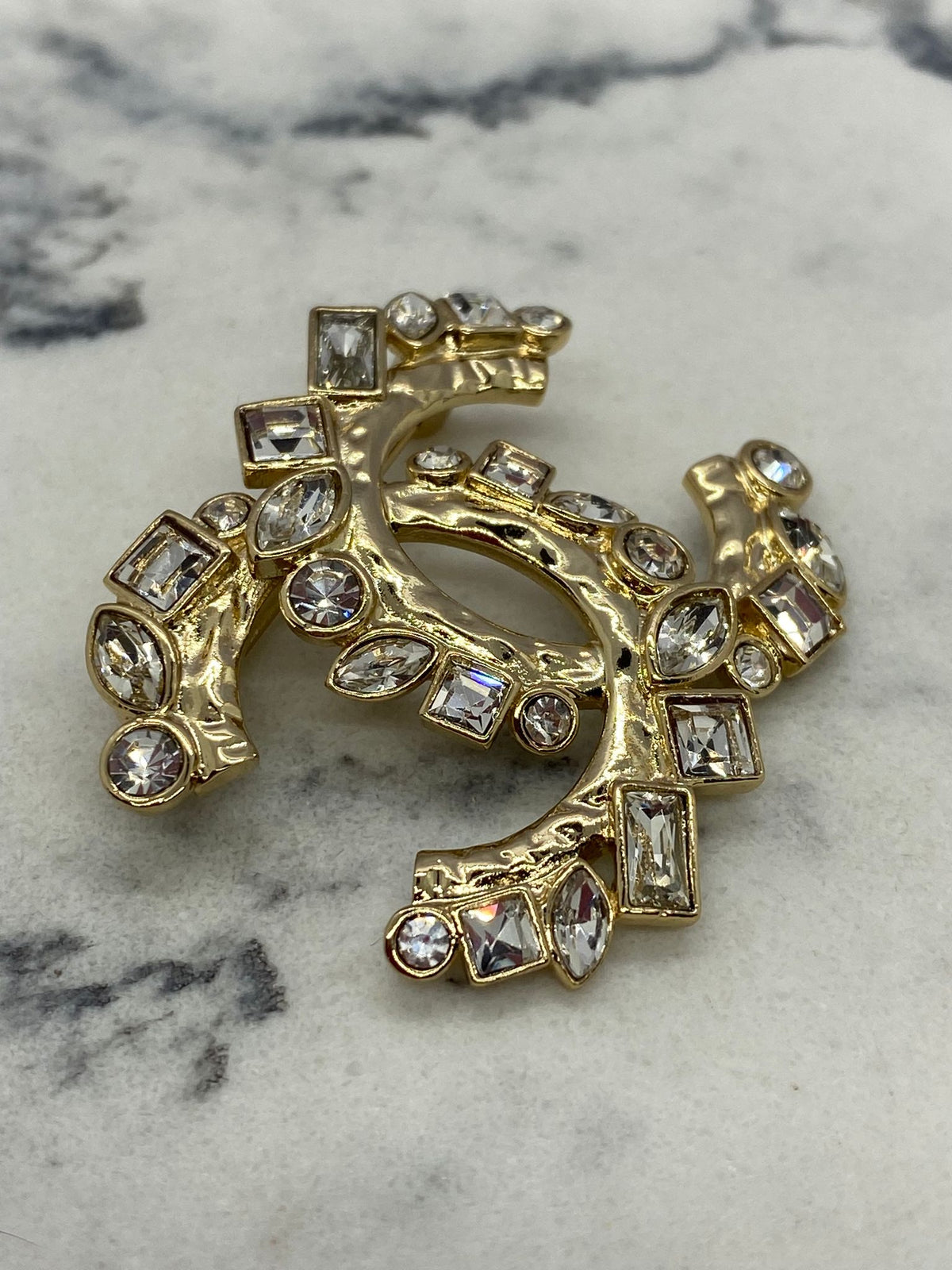 CHANEL CC Gold Tone Rhinestone Brooch Pin - USED