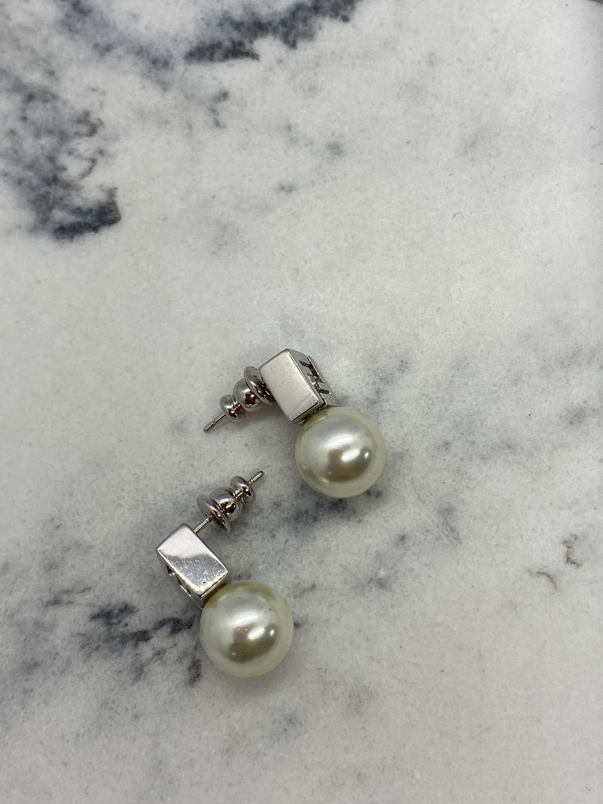 FENDI FF Silver Tone Pearl Earrings - Pre owned