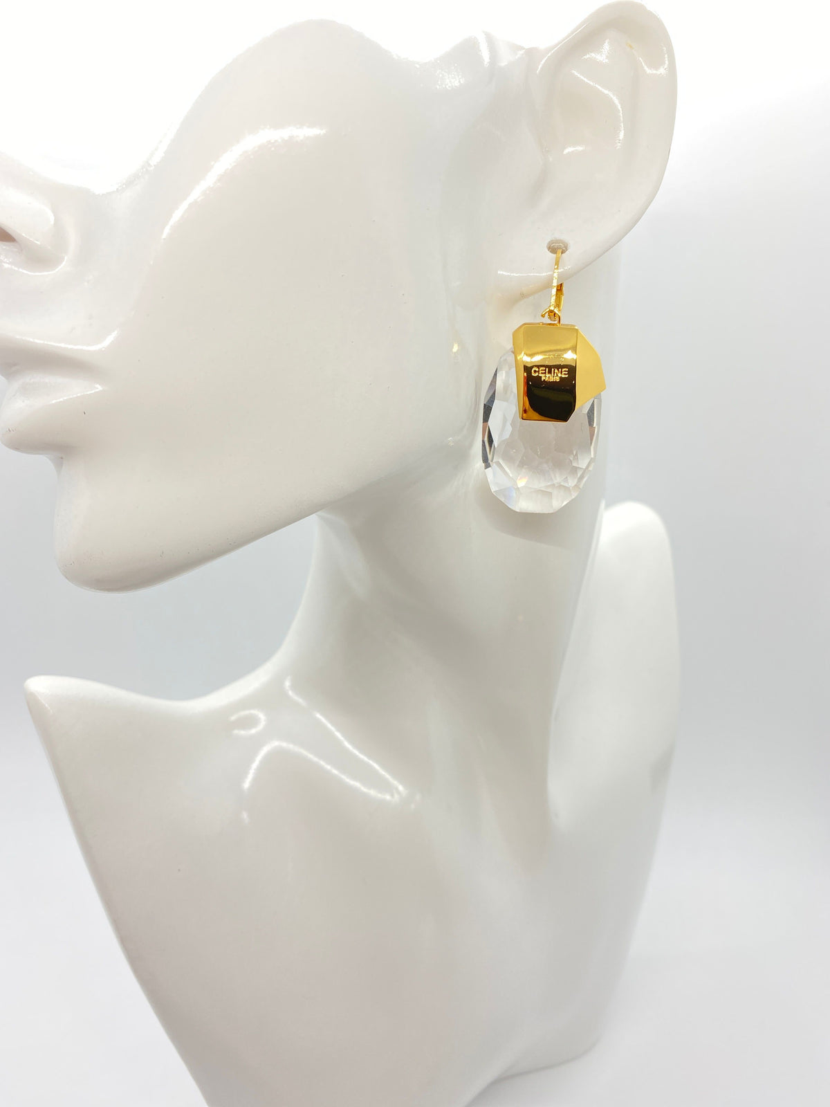 CELINE Gold Tone Crystal Pendant Earrings - Pre owned