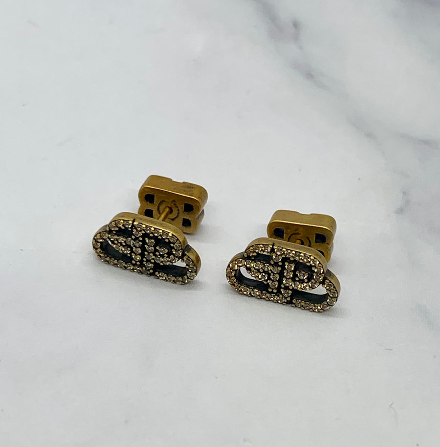 BALENCIAGA BB Brass Tone Rhinestone Earrings - Pre owned