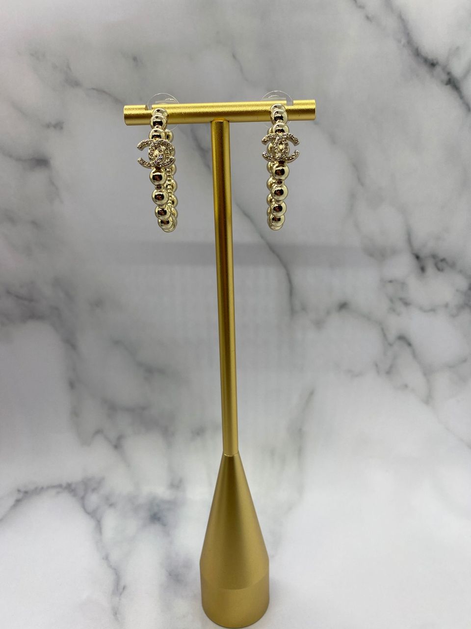 CHANEL CC Light Gold Rhinestone Hoop Earrings - USED