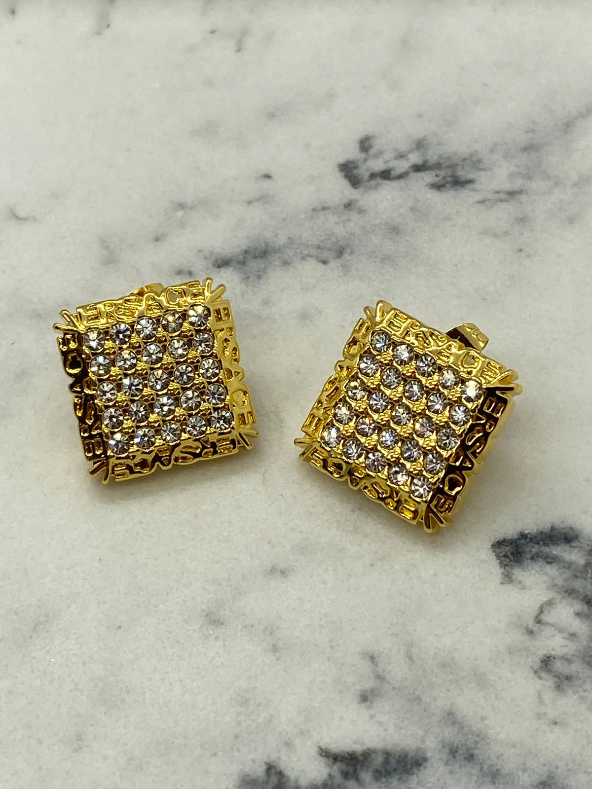Auth VERSACE Gold Tone Rhinestone Square Earrings - Pre owned
