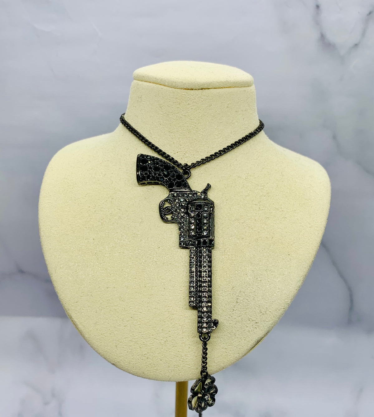 CHANEL CC Rare Black Rhinestone Gun Pendant Necklace - Pre owned