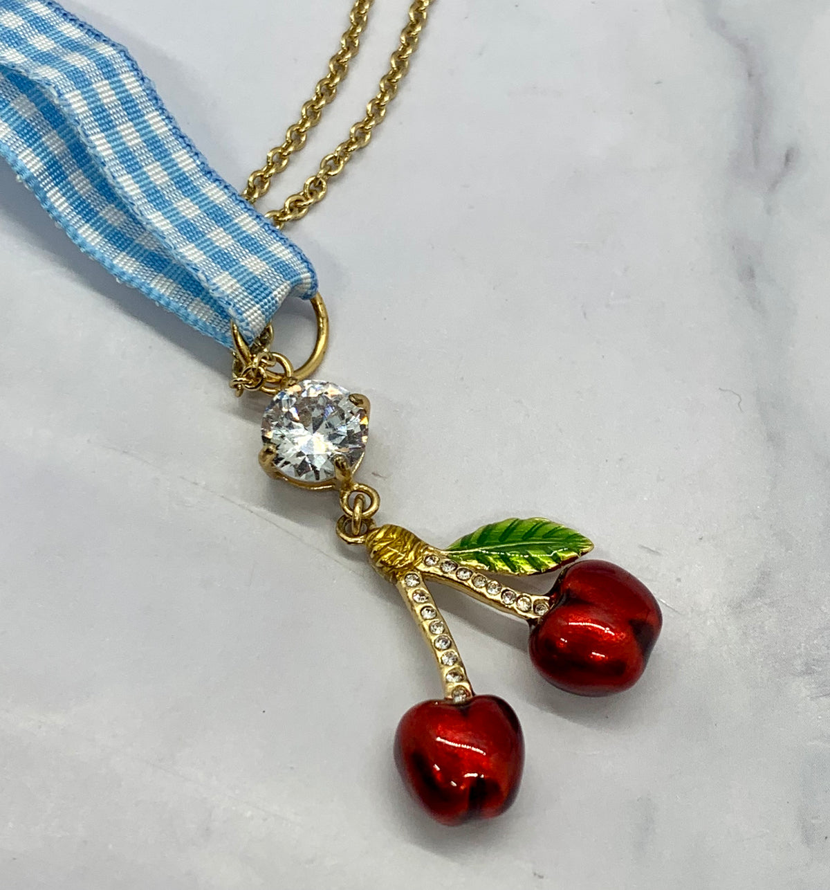 MIU MIU Cherry and Removable Gingham Necklace - Pre owned