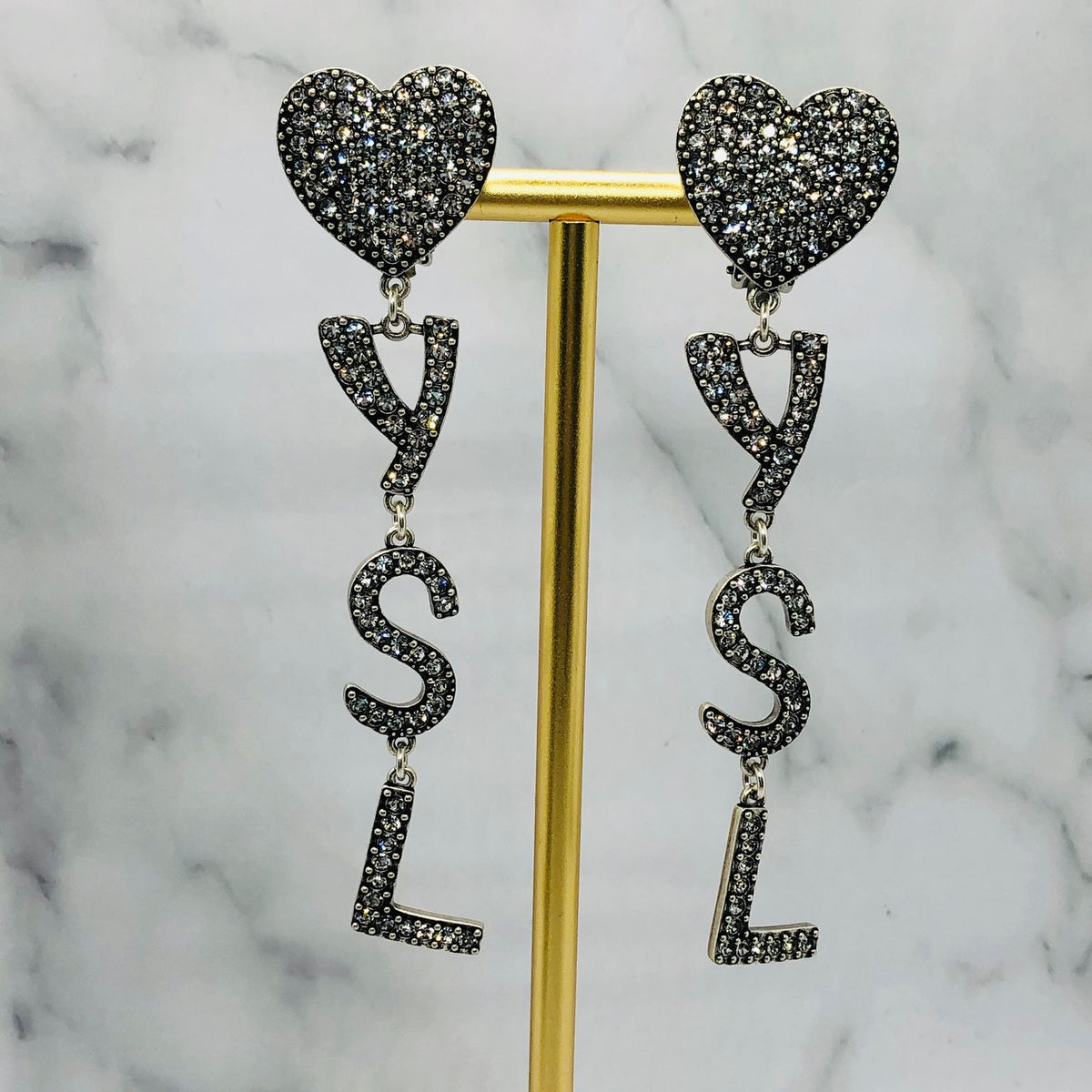 YSL Yves Saint Laurent Heart Rhinestone  Earrings - Pre owned