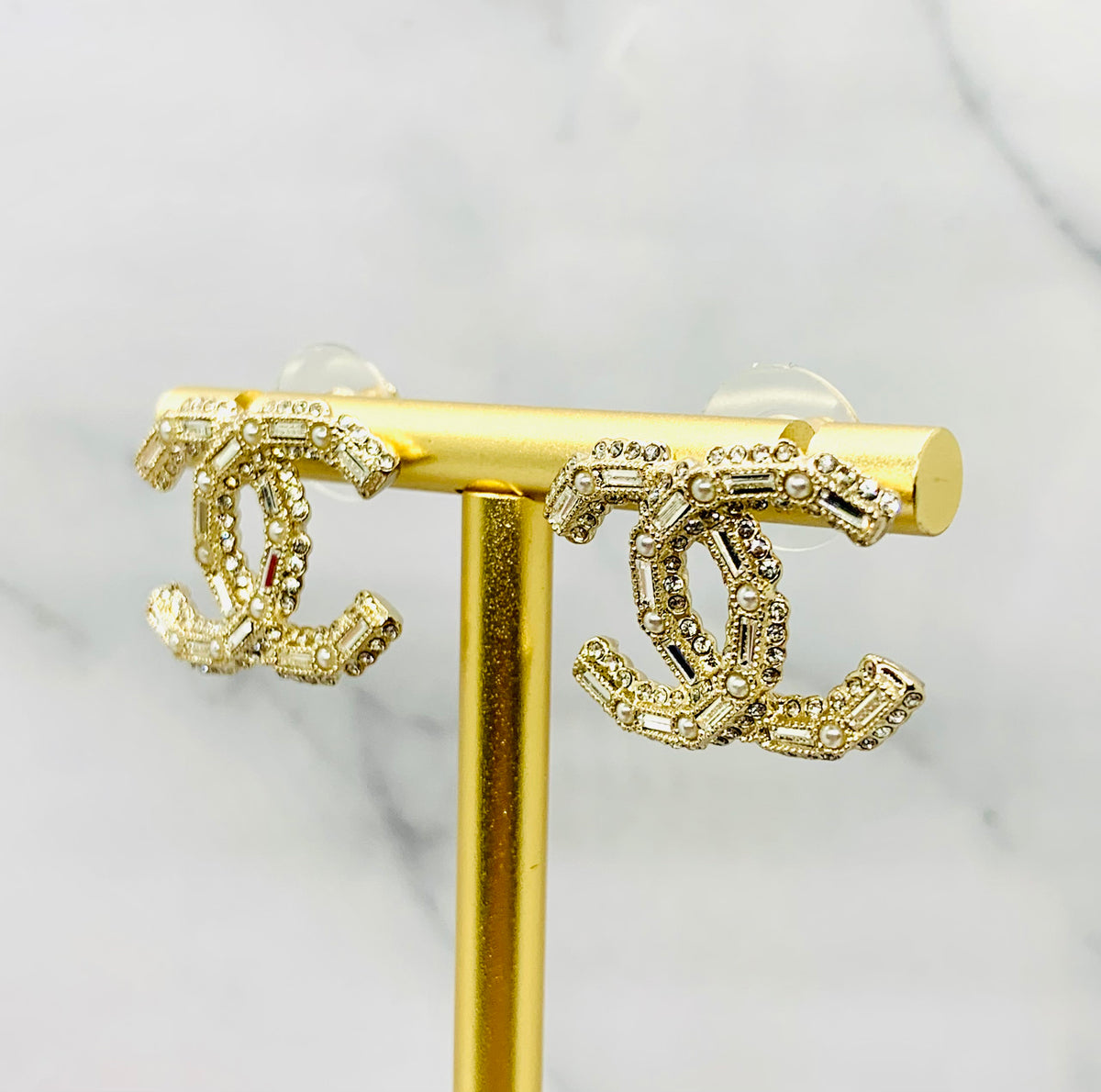 CHANEL CC Gold Tone Rhinestone Earrings - USED