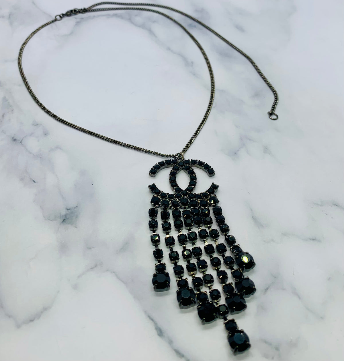 CHANEL CC Black Rhinestone Statement Necklace - USED