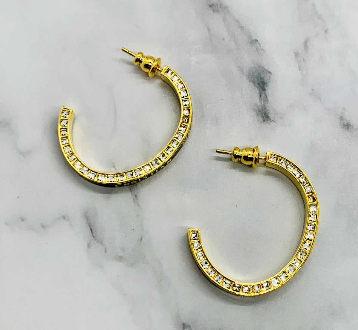 CHRISTIAN DIOR Black Rhinestone Hoop Earrings - Pre owned