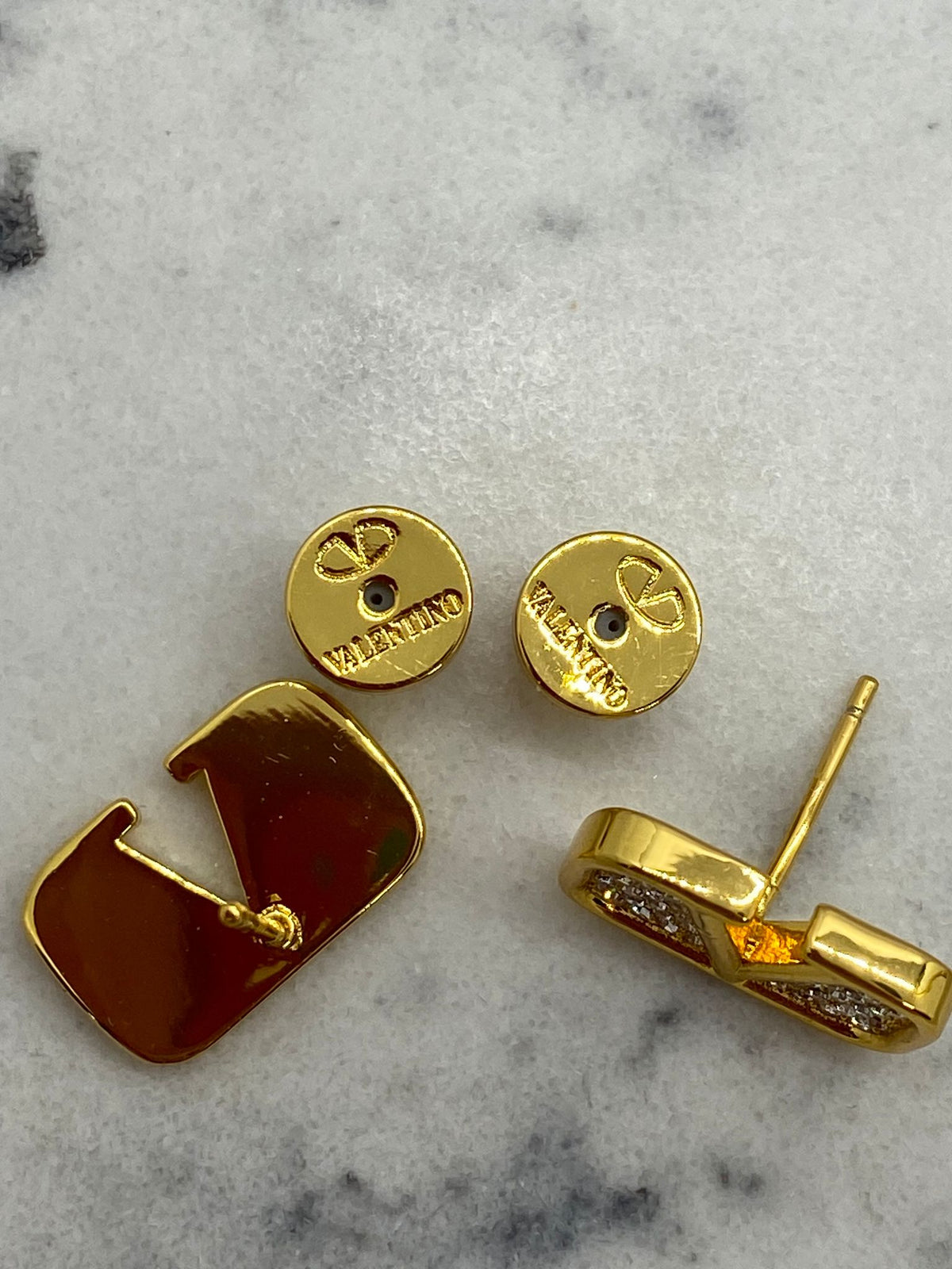 VALENTINO Gold Tone Rhinestone Monogram Earrings - Pre owned