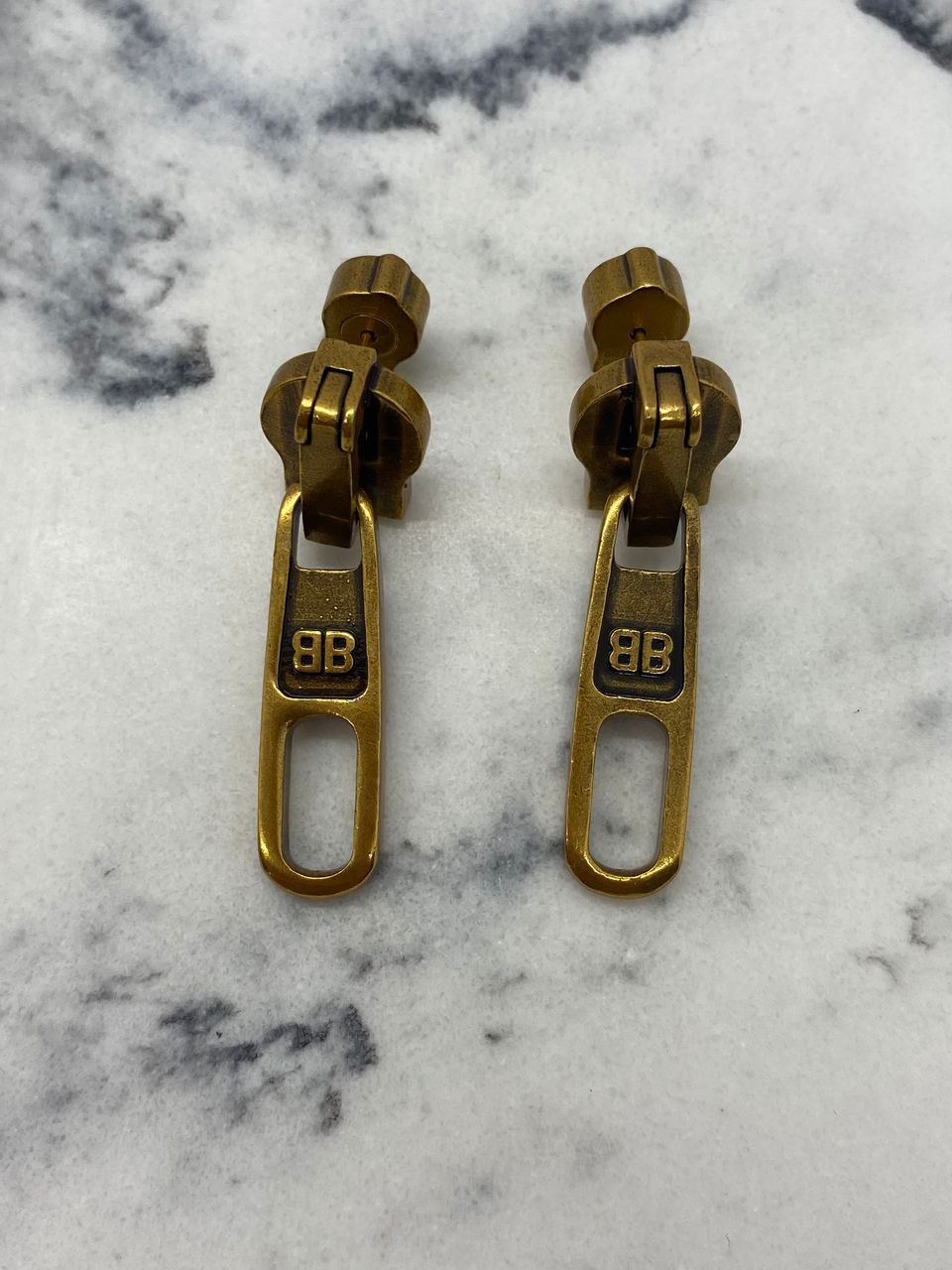 BALENCIAGA BB Brass Tone Zipper Earrings - USED