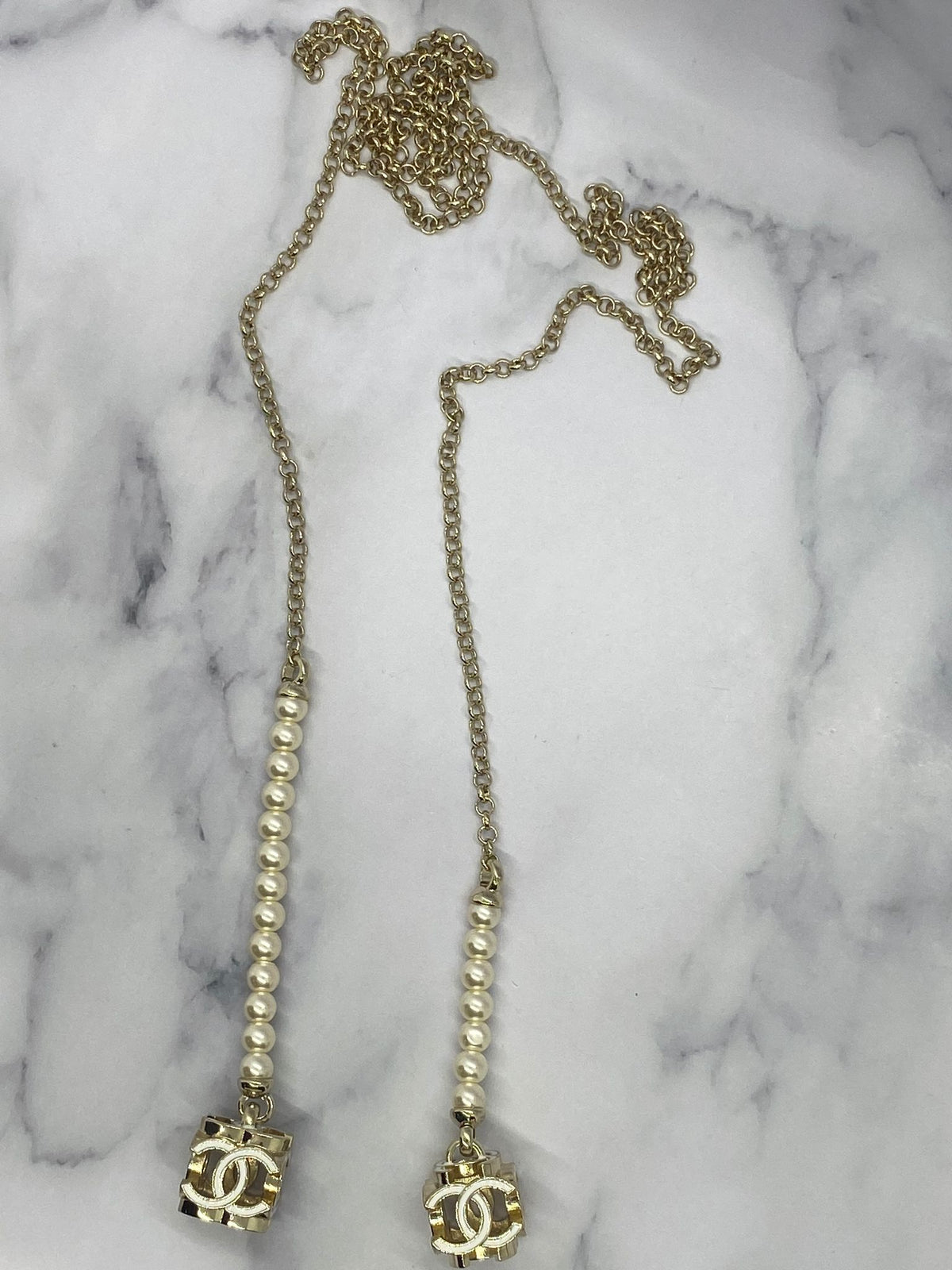 CHANEL CC Pearl Trim Pendant Wrap Necklace - USED