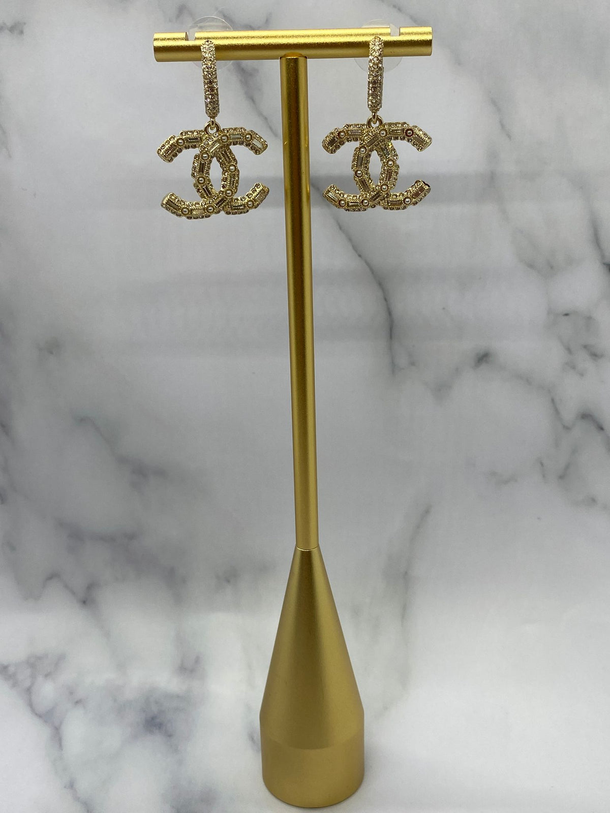 CHANEL CC Gold Tone Rhinestone Earrings - USED