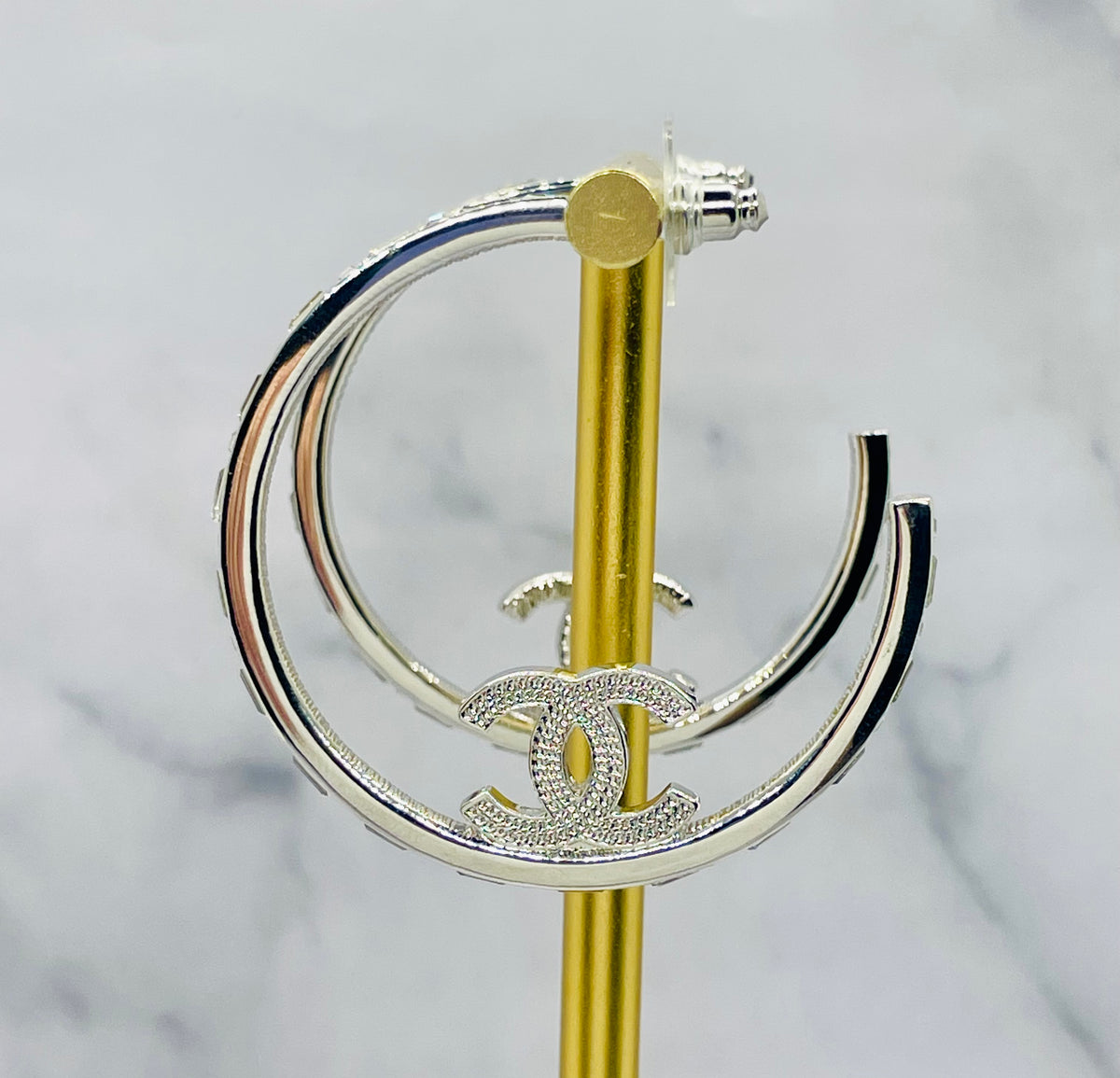 CHANEL CC Silver Tone Rhinestone Hoop Earrings - USED