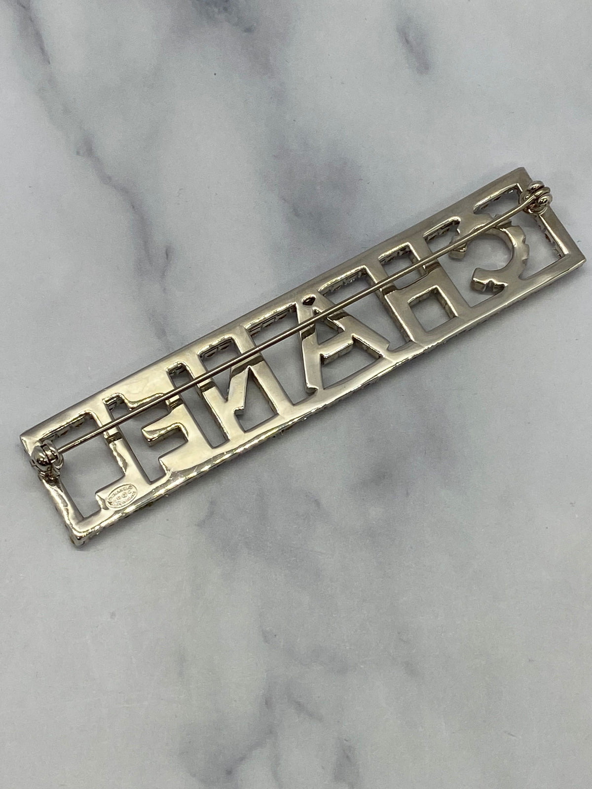 CHANEL Silver Tone Rhinestone Nameplate Brooch Pin - Pre owned