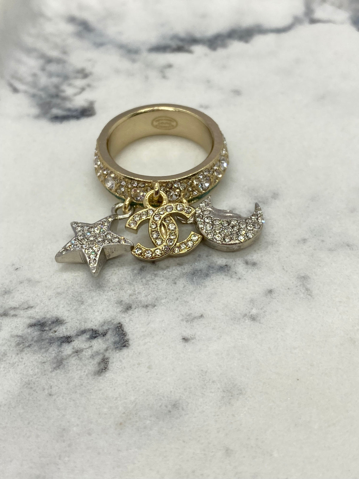 CHANEL CC 2017 Gold & Silver Tone Sun Moon Ring size 7 - USED