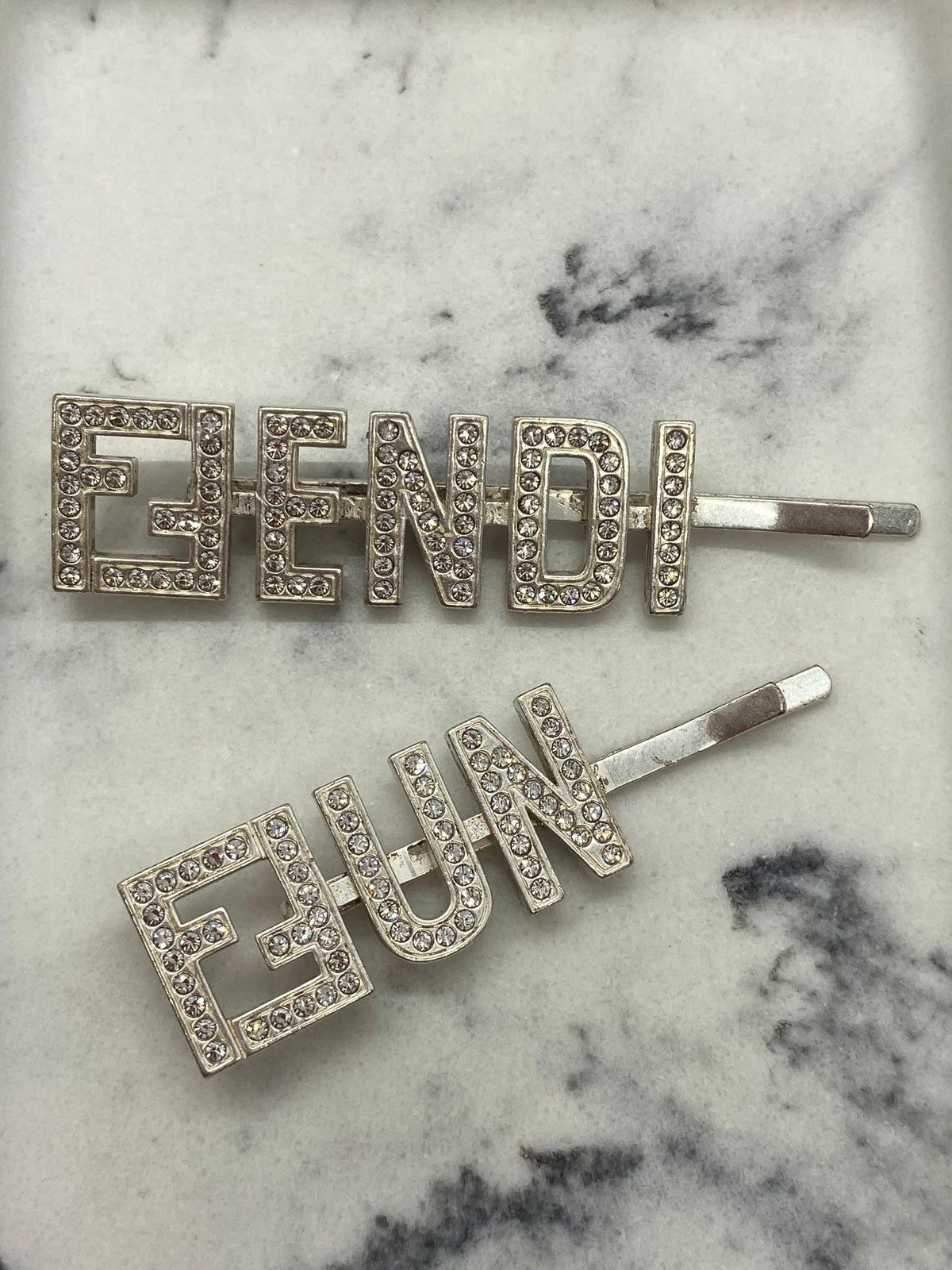 FENDI FF Fun Silver Tone Rhinestone Hair Barrette Clip Set - USED