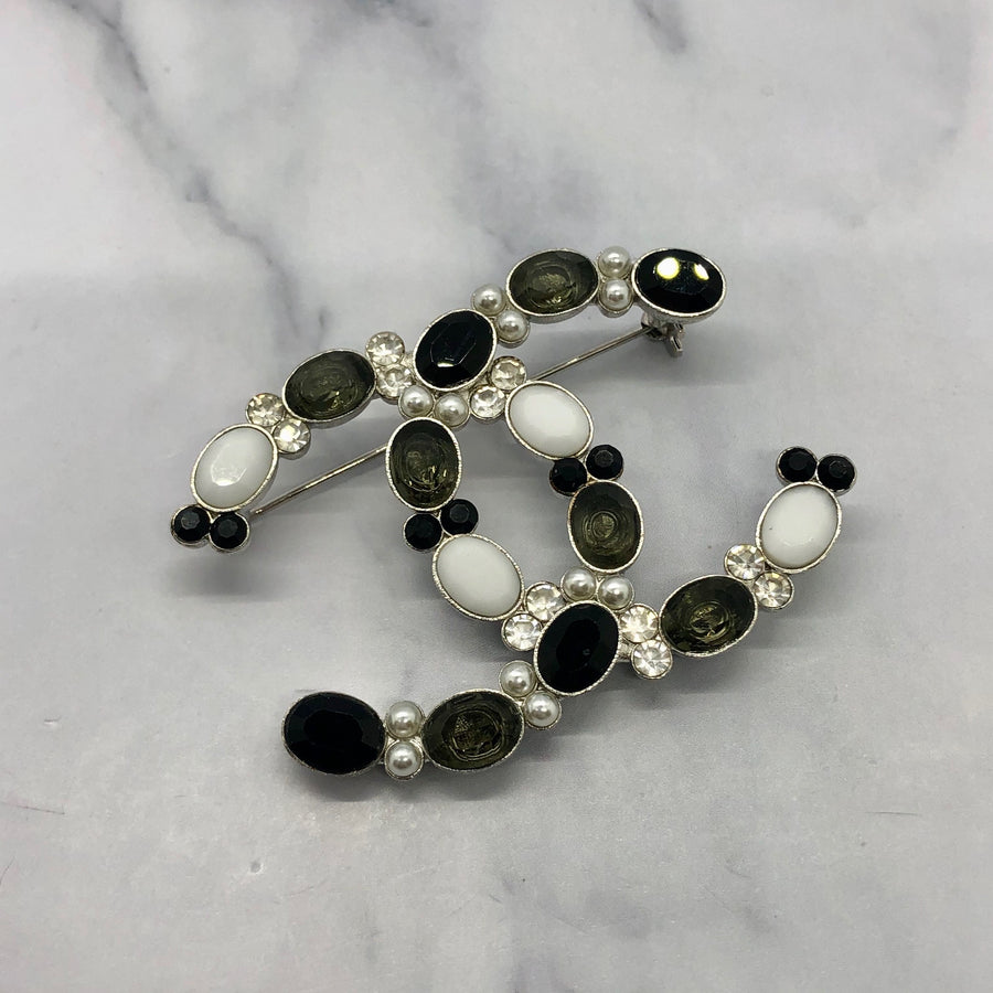 CHANEL CC Rhinestone Black & White Brooch Pin - USED