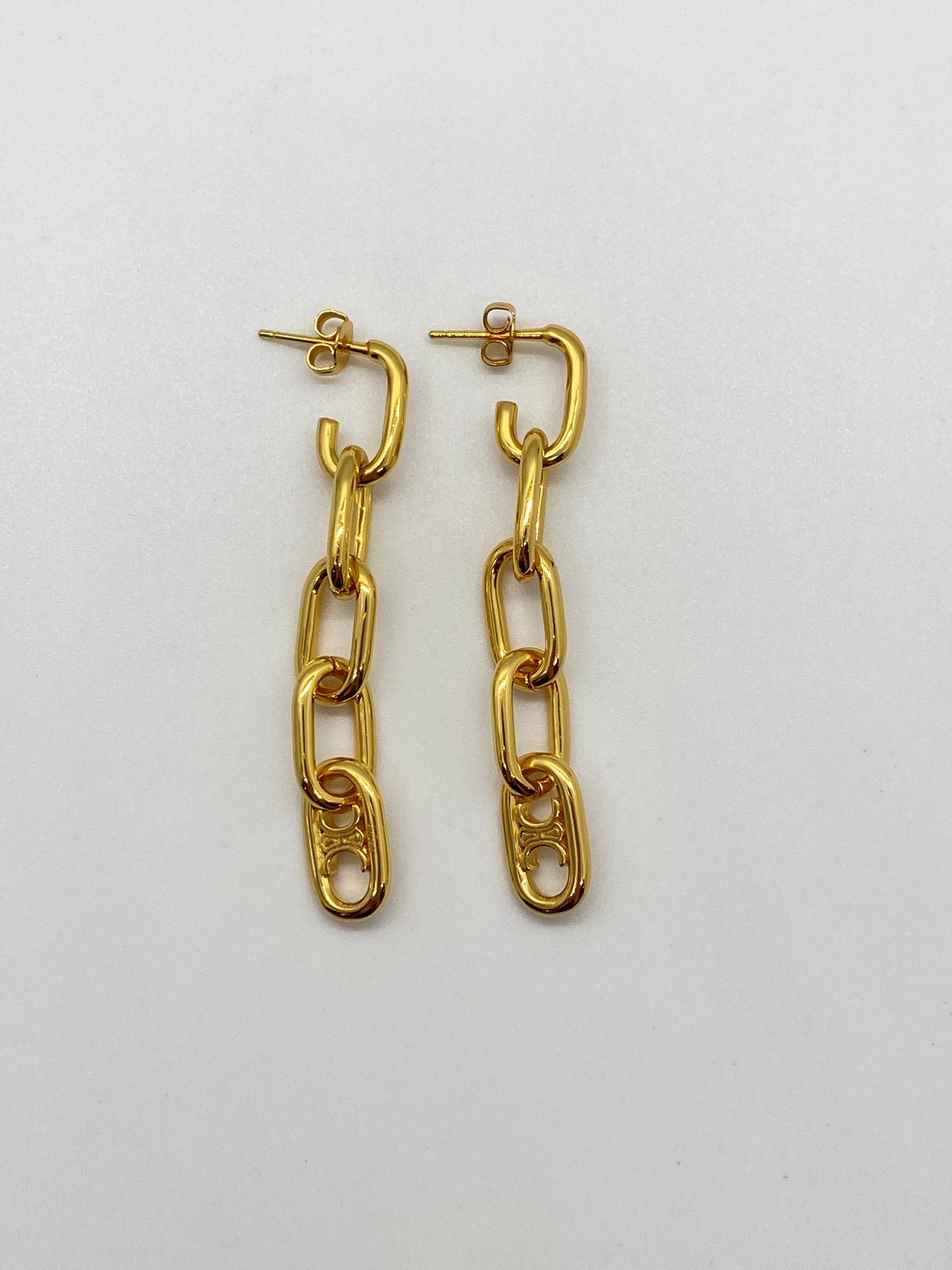 CELINE Gold Tone Chain Pendant Earrings - Pre owned