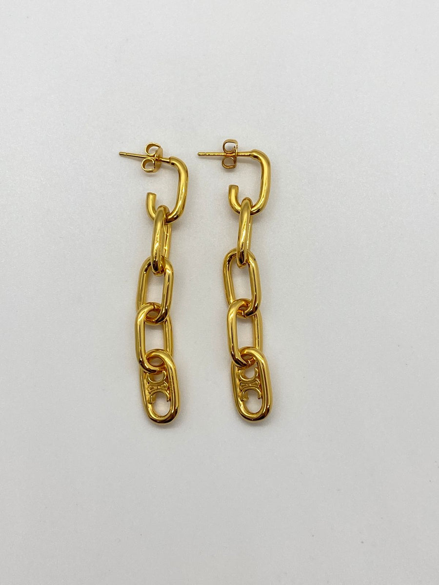 CELINE Gold Tone Chain Pendant Earrings - Pre owned