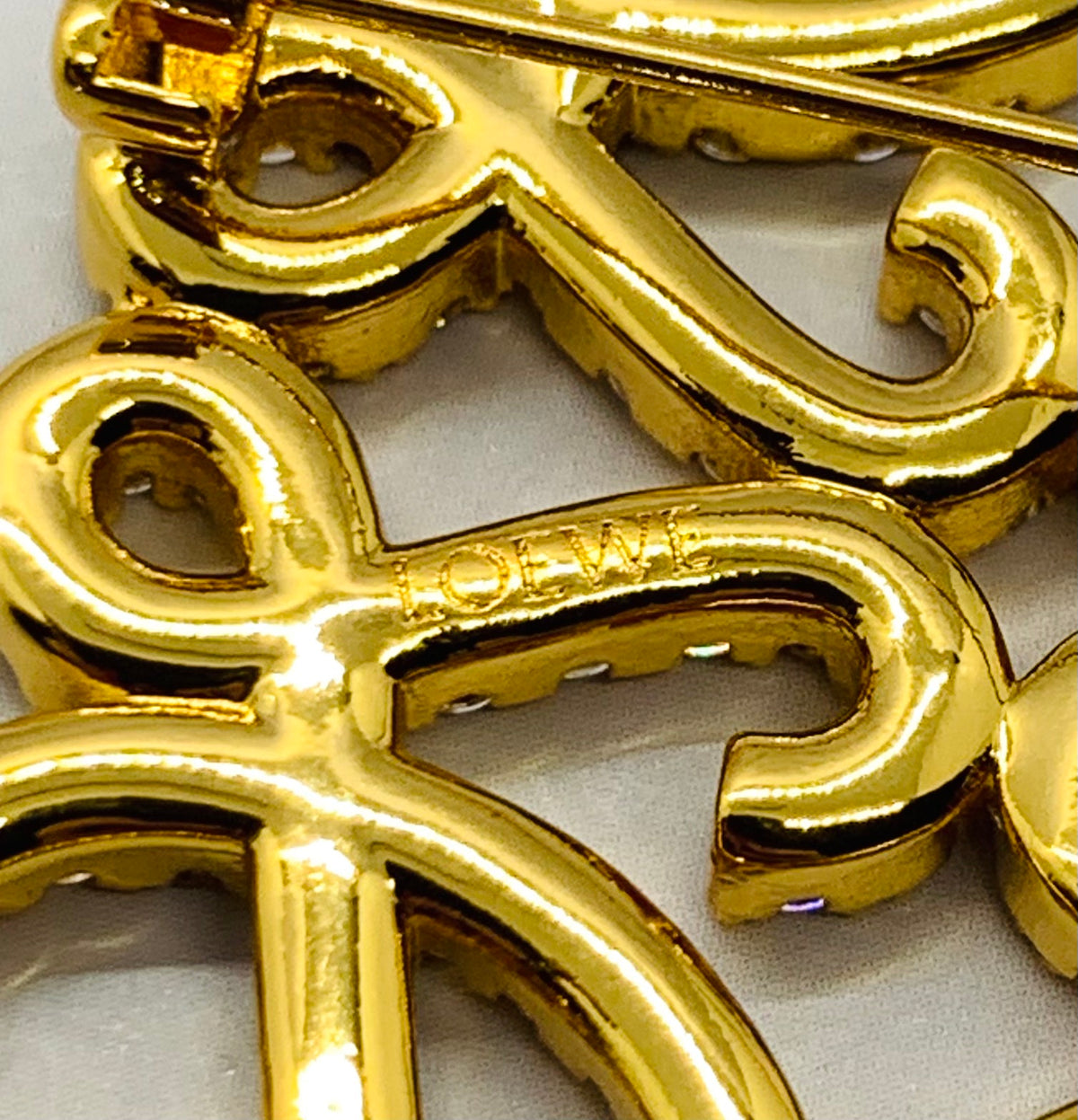 LOEWE Monogram Gold Tone Rhinestone Brooch Pin - Pre owned