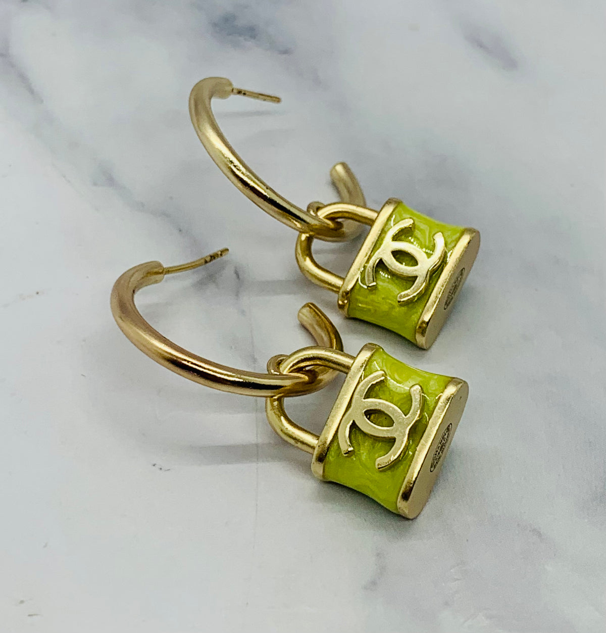 CHANEL CC Green Lock Pendant Hoop Earrings - USED