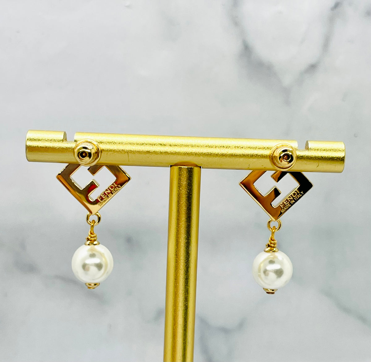 FENDI Rhinestone & Pearl Pendant Earrings - Pre owned