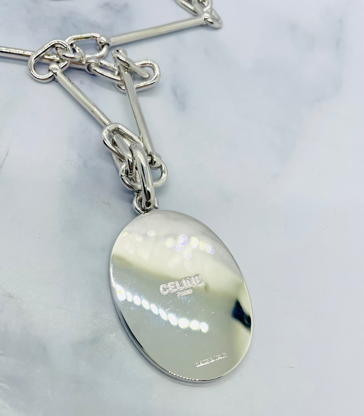 CELINE Silver Tone Maison Medal Charm Necklace - Pre owned