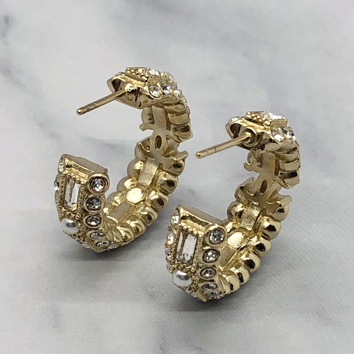 CHANEL CC Gold Tone Rhinestone Hoop Earrings - Pre owned