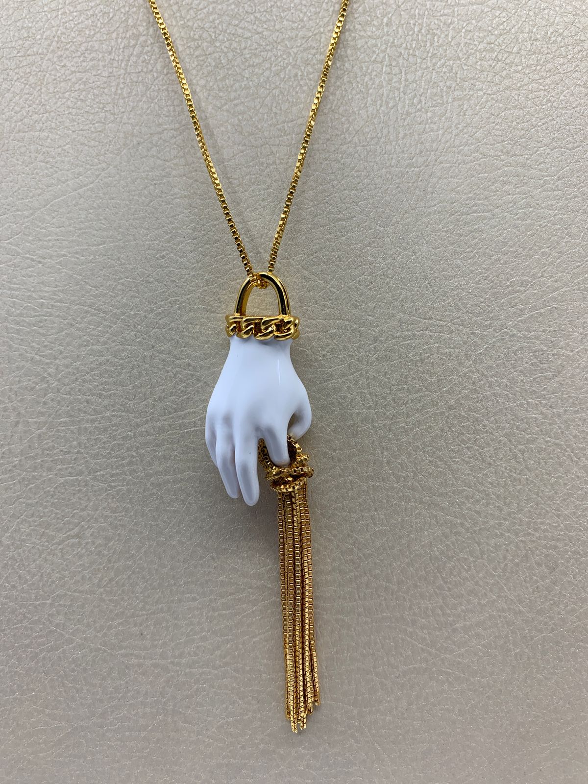 BOTTEGA VENETA Gold Tone & Porcelain Hand Charm with Fringe Necklace