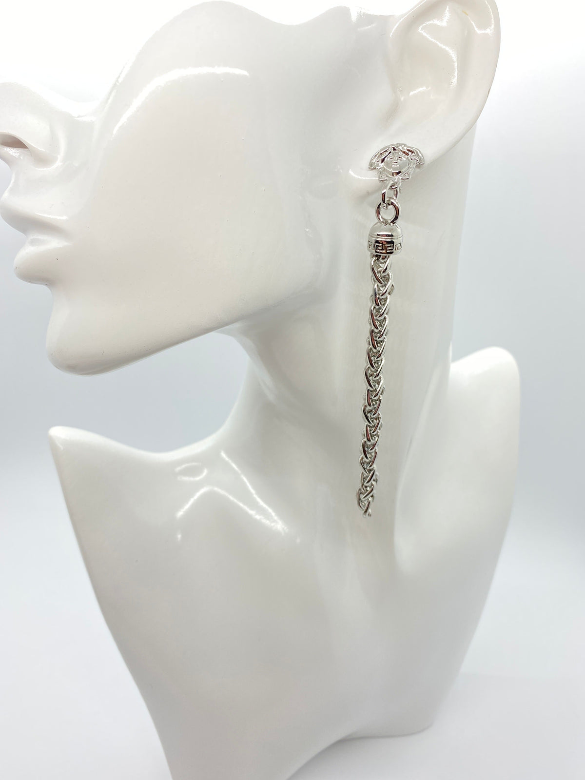 VERSACE Silver Tone Medusa Chain Pendant Earrings - Pre owned
