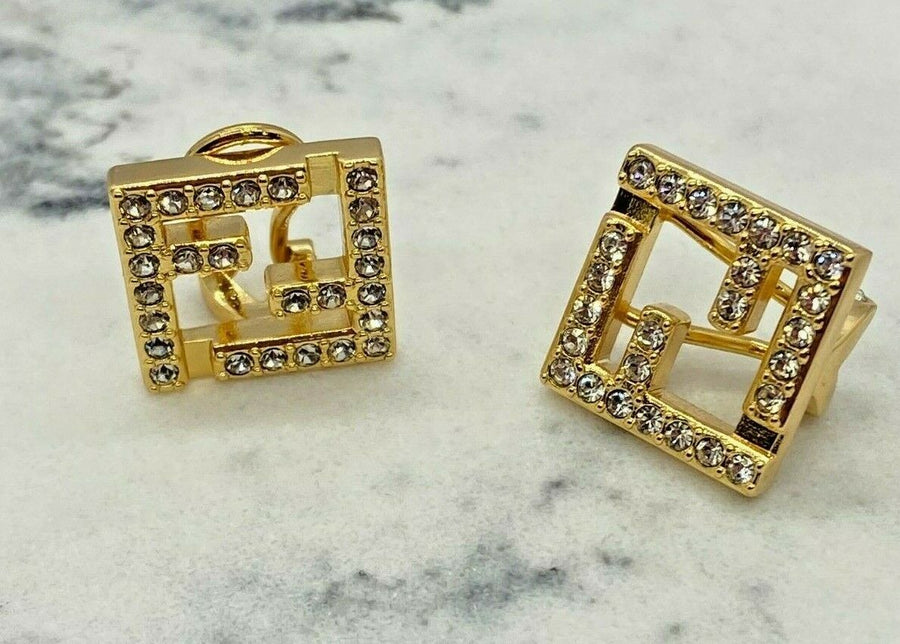 FENDI F Gold Tone Rhinestone Earrings - Pre owned