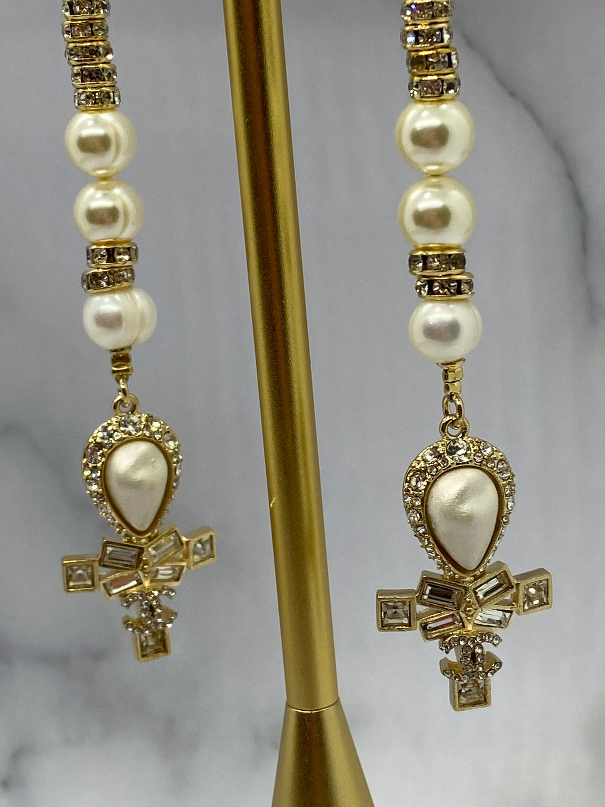 CHANEL CC Gold Tone Pearl Pendant Earrings - Pre owned
