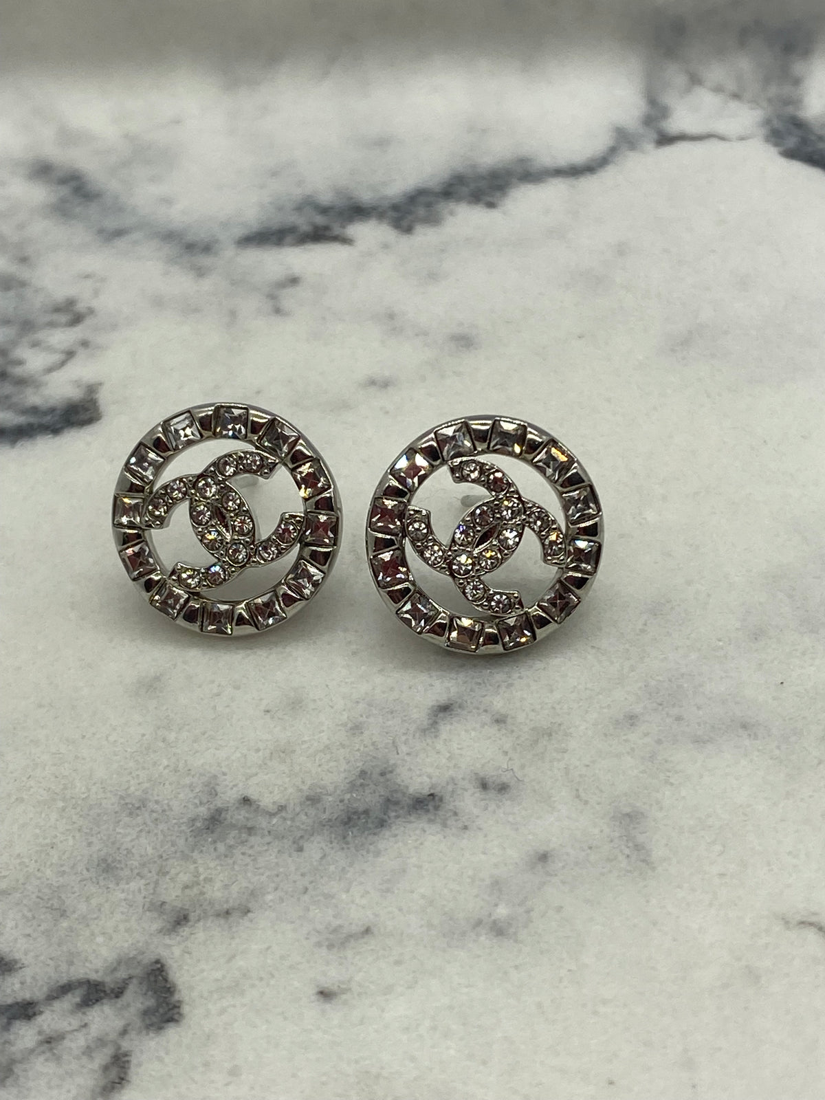 CHANEL CC Silver Tone Rhinestone Earrings - USED