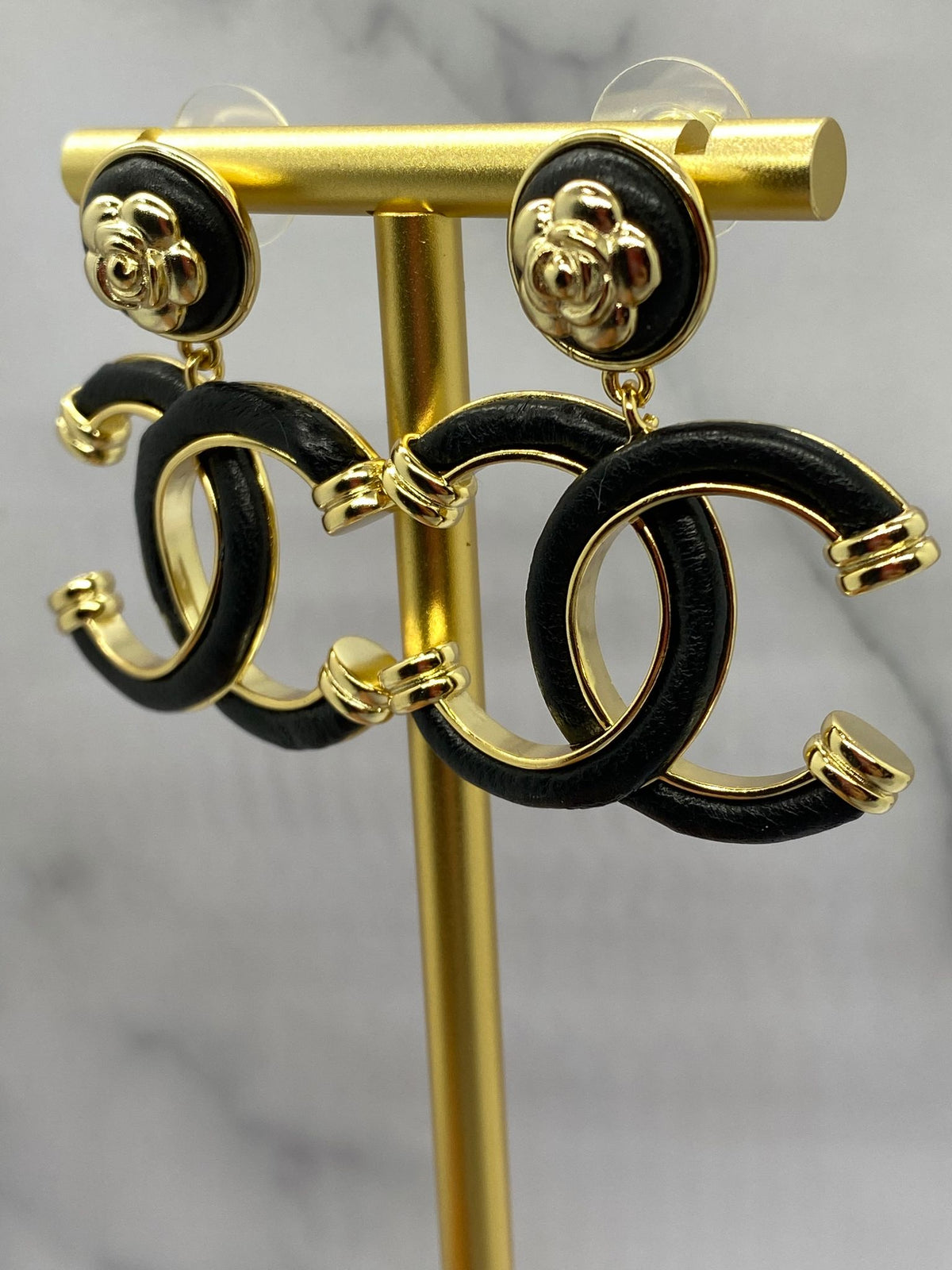 CHANEL CC Black Leather Earrings - USED