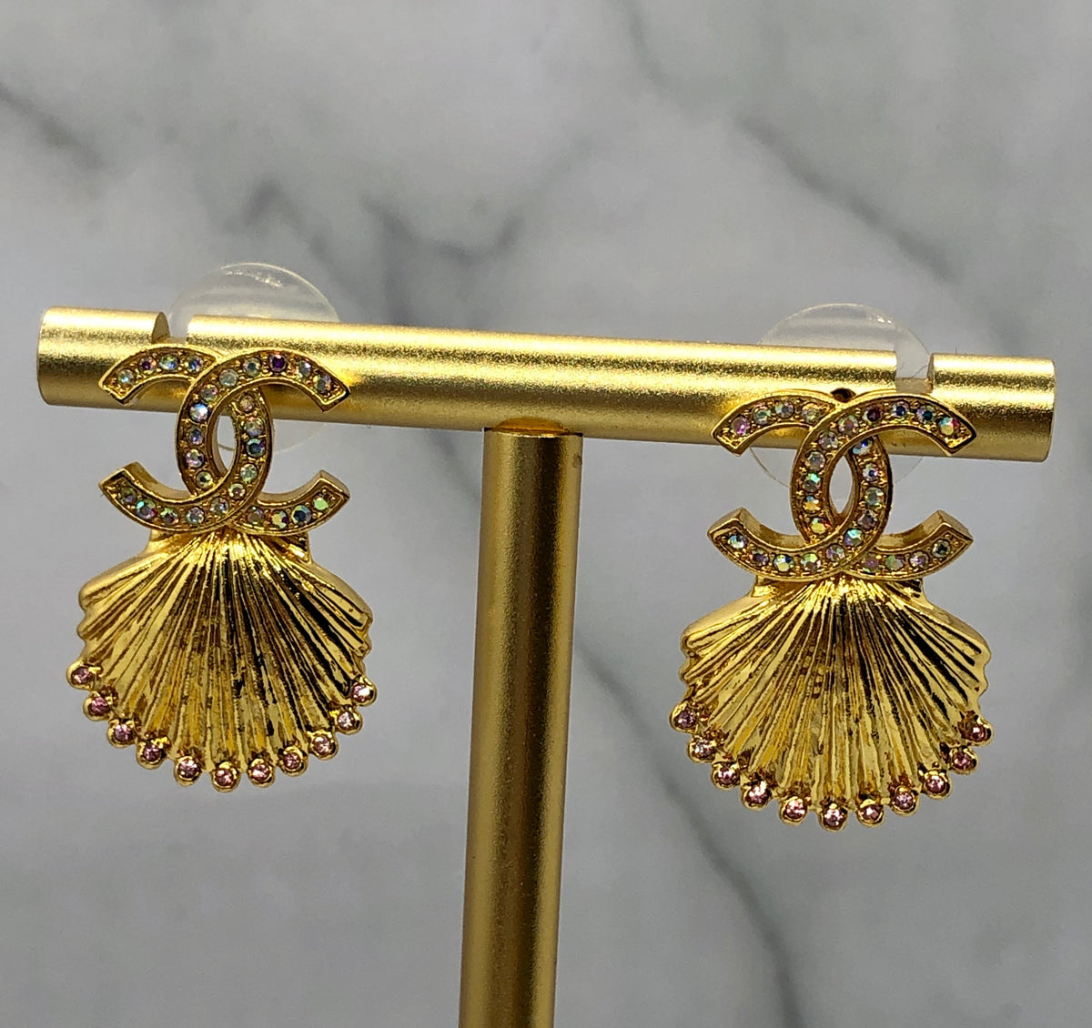CHANEL CC Gold Tone Rhinestone Shell Earrings - Pre owned