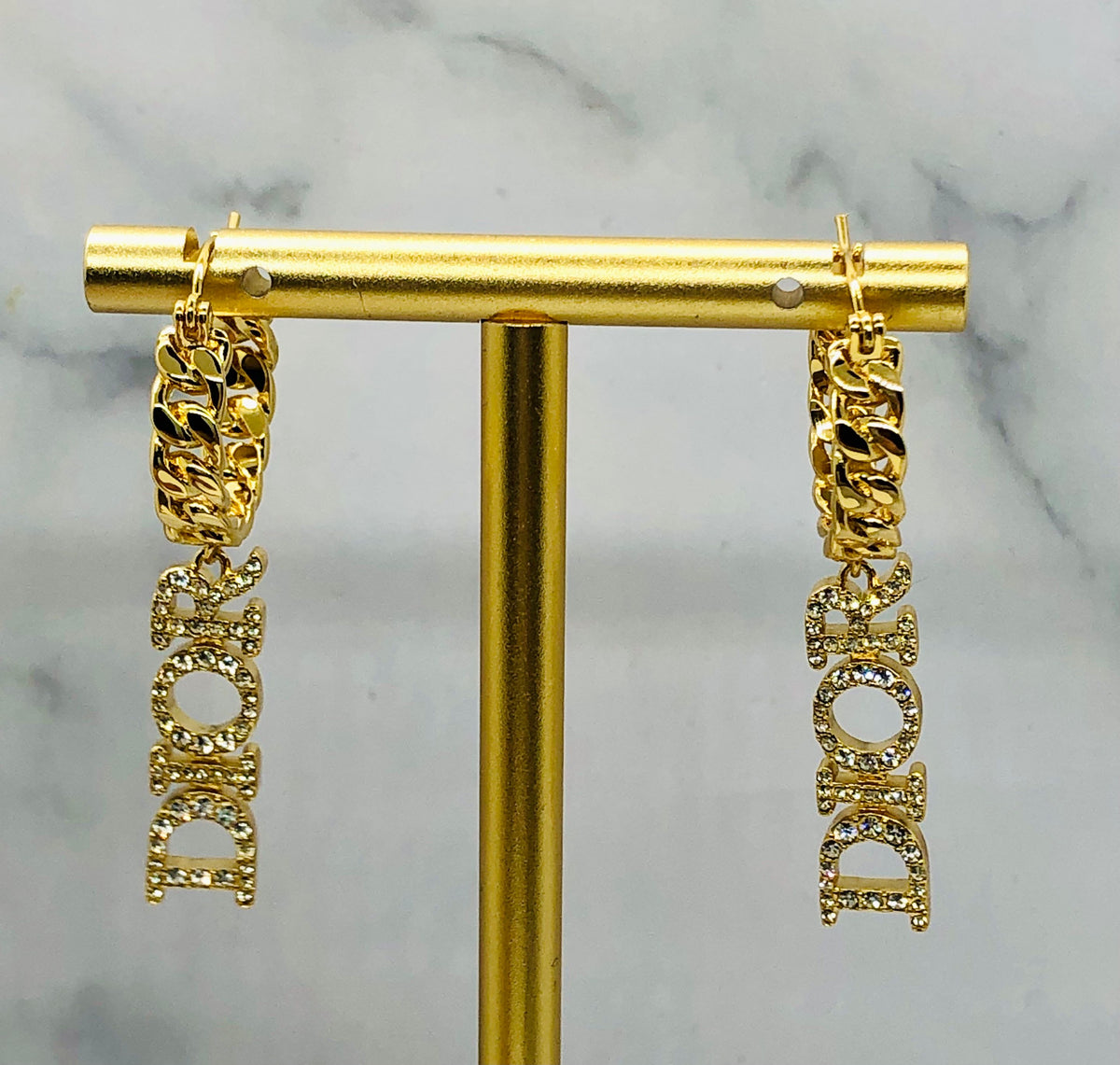 CHRISTIAN DIOR Gold Tone Rhinestone Pendant Earrings - Pre owned